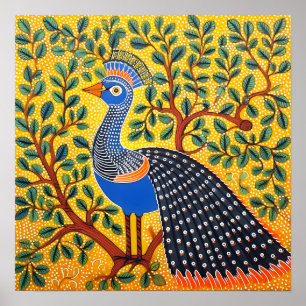 Indian Gond Art Peacock Yellow Art of India Poster