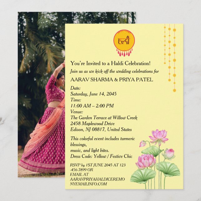 Indian Haldi Ceremony Invitation with Photo (Front/Back)