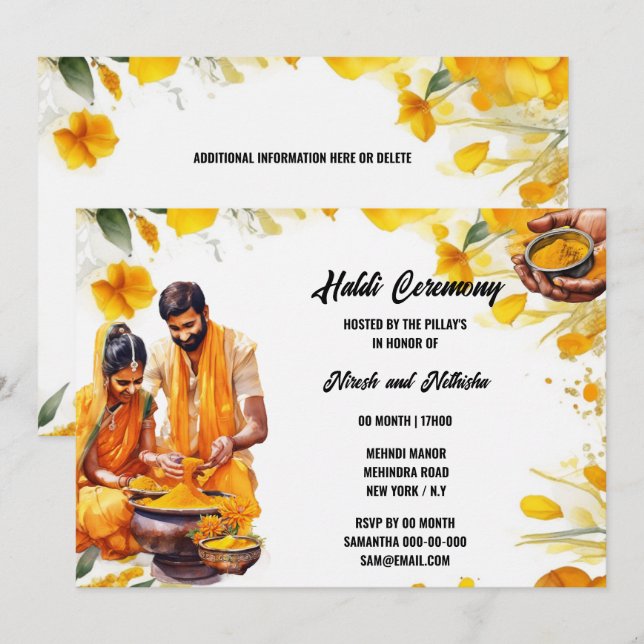 Indian Haldi Ceremony turmeric floral bride groom Invitation (Front/Back)