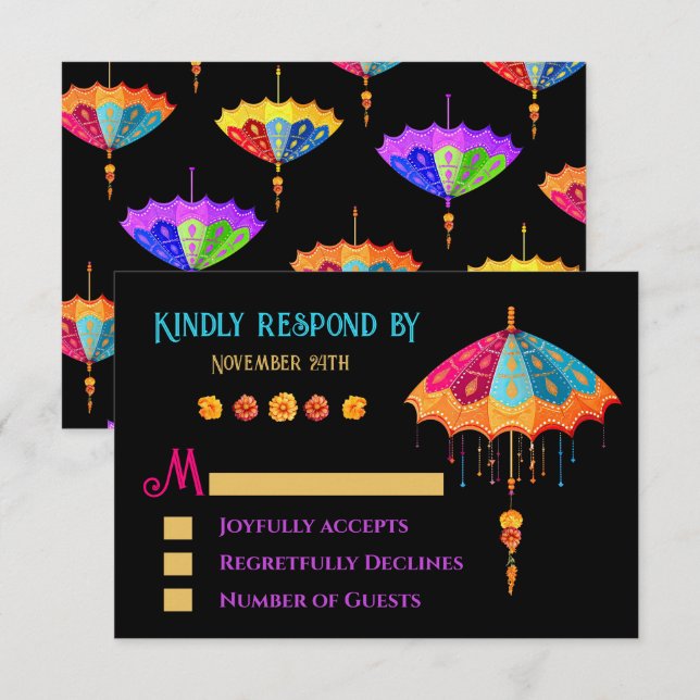 Indian Hindu Colourful Parasol Wedding RSVP (Front/Back)