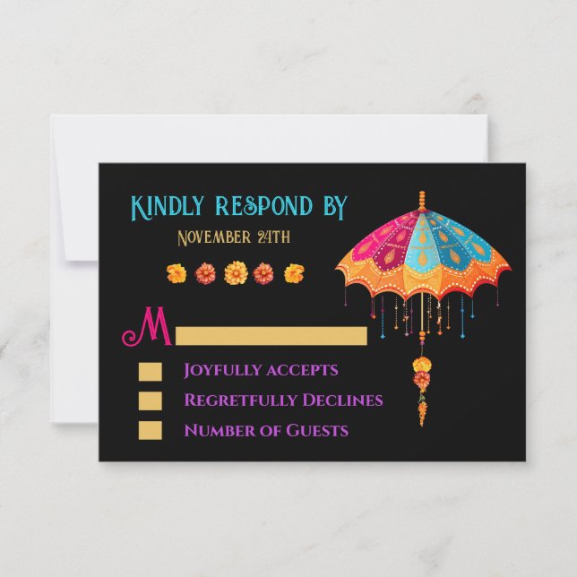 Indian Hindu Colourful Parasol Wedding RSVP Invitation (Front)