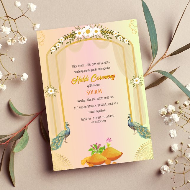 Indian Hindu Groom Haldi Ceremony Peacock Invitation (Creator Uploaded)
