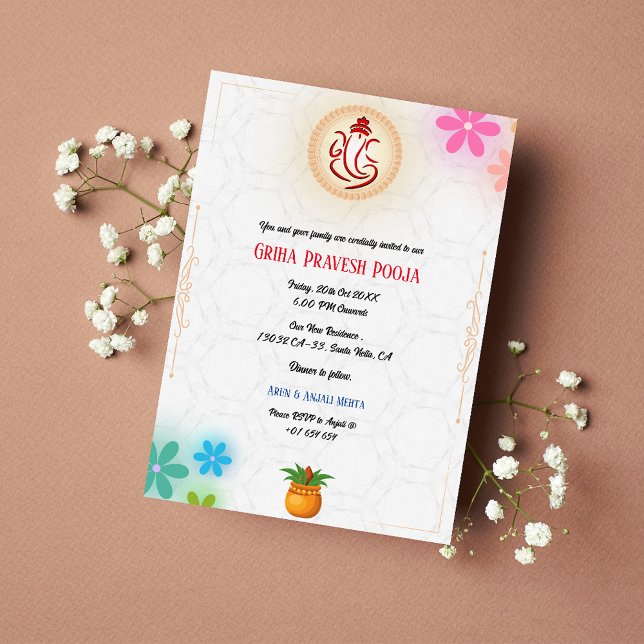 Indian Hindu Housewarming Griha Pravesh Floral Invitation (Creator Uploaded)