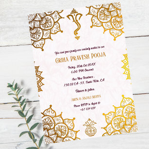 Indian Hindu Housewarming Griha Pravesh Golden Invitation