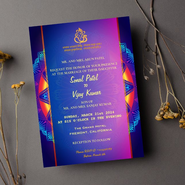 Indian Hindu Purple Pink Chakra Ganesha Wedding Invitation (Creator Uploaded)