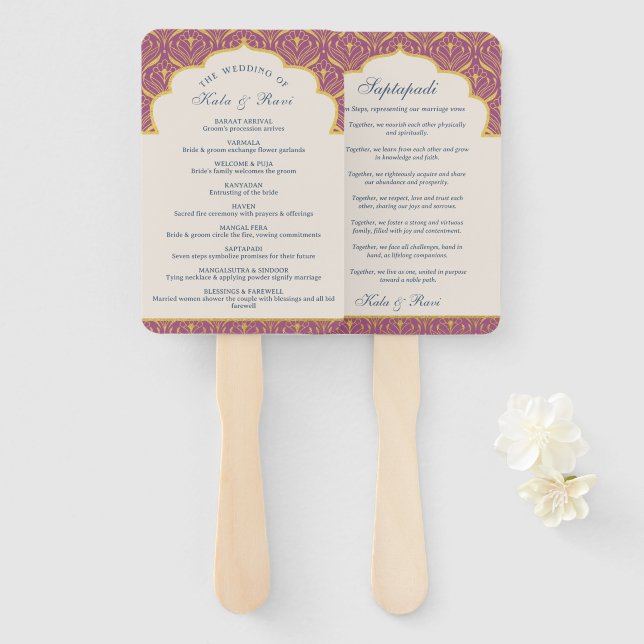 Indian Hindu Saptapadi Gold Wedding Program Hand Fan (Front and Back)