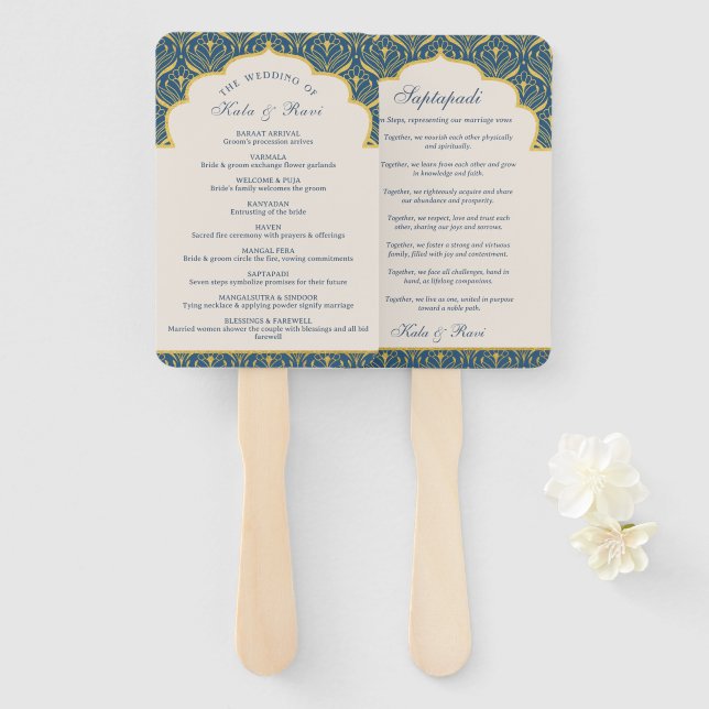 Indian Hindu Saptapadi Gold Wedding Program Hand Fan (Front and Back)