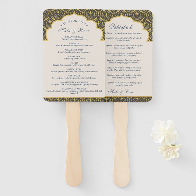 Indian Hindu Saptapadi Gold Wedding Program Hand Fan (Front and Back)
