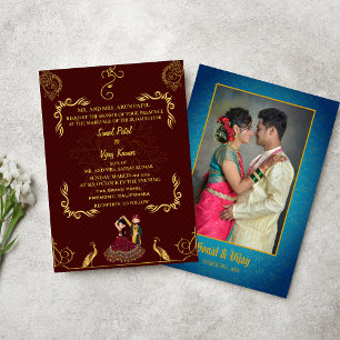 Indian Hindu Wedding Couple Image Golden Peacock Invitation