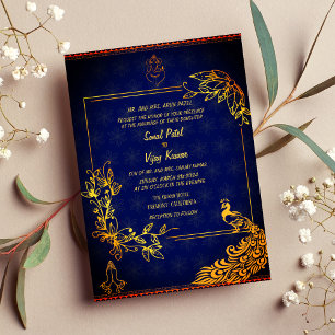 Indian Hindu Wedding Couple Image Golden Peacock Invitation