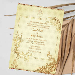 Indian Hindu Wedding Couple Image Golden Peacock Invitation