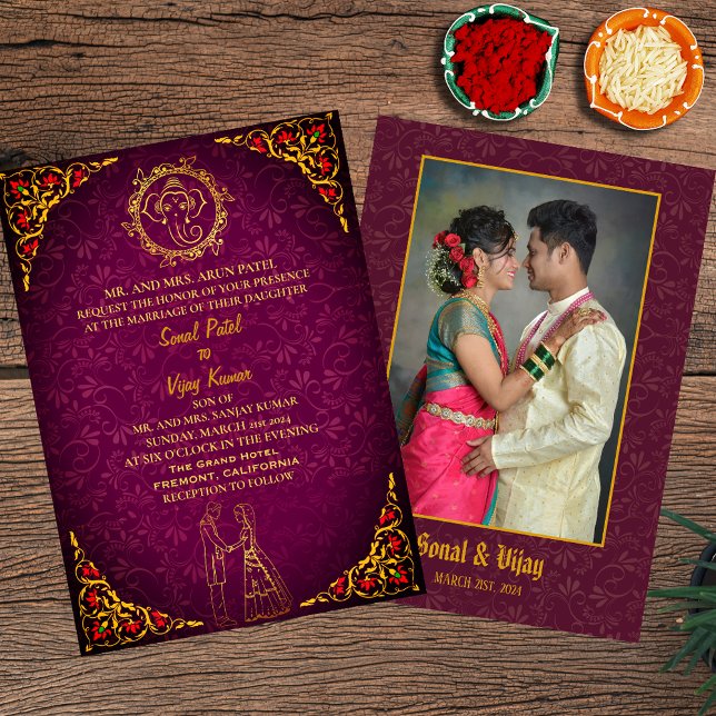 Indian Hindu Wedding Couple Image Golden Peacock Invitation (Creator Uploaded)