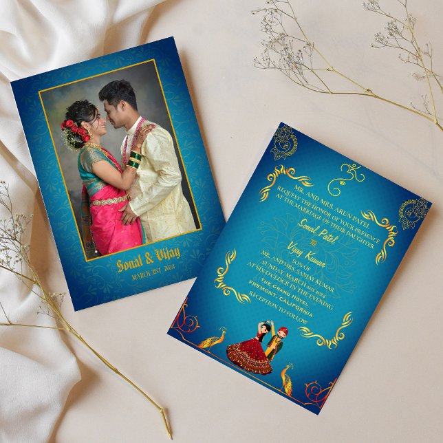 Indian Hindu Wedding Couple Image Golden Peacock Invitation (Creator Uploaded)