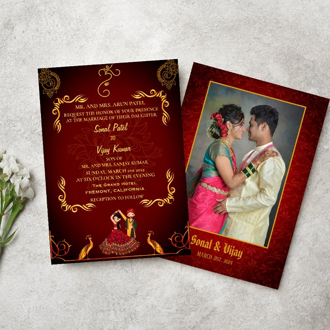 Indian Hindu Wedding Couple Image Golden Peacock Invitation (Creator Uploaded)