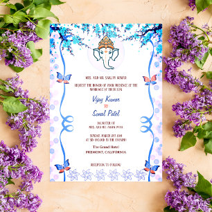Indian Hindu Wedding Ganesha Blue Butterfly Invitation