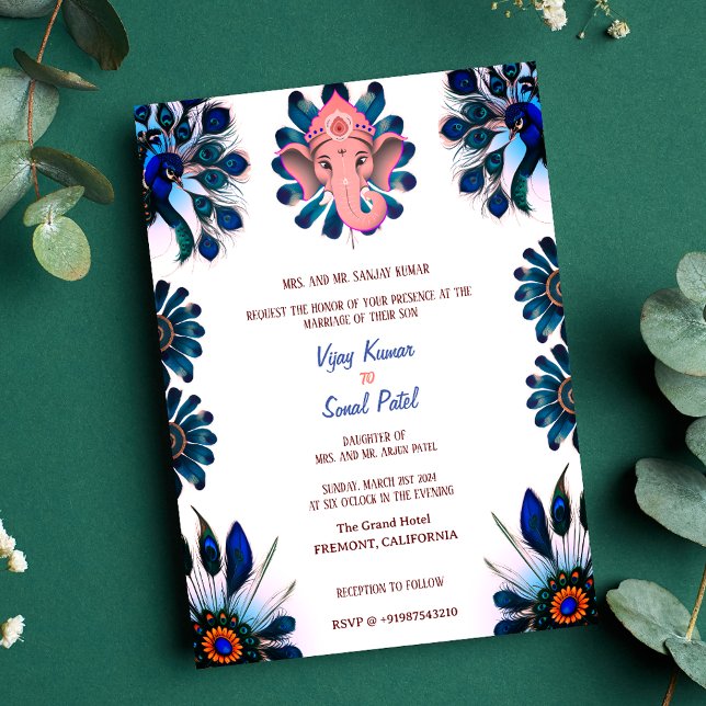 Indian Hindu Wedding Ganesha Blue Peacock Invitation (Creator Uploaded)
