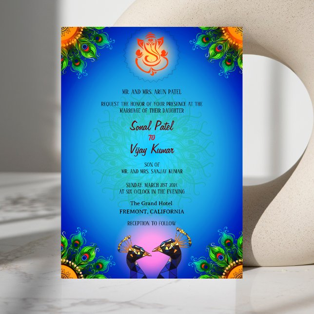Indian Hindu Wedding Ganesha Blue Peacock Pair Invitation (Creator Uploaded)
