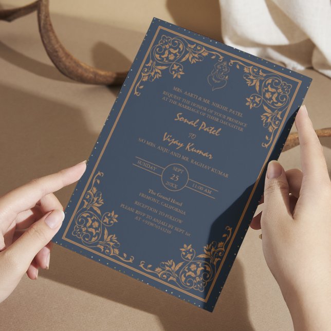 Indian Hindu Wedding Ganesha Logo Blue Intricate Invitation (Creator Uploaded)