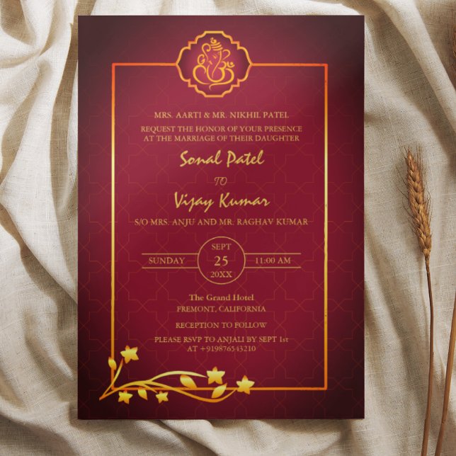 Indian Hindu Wedding Ganesha Logo Golden Elements Invitation (Creator Uploaded)