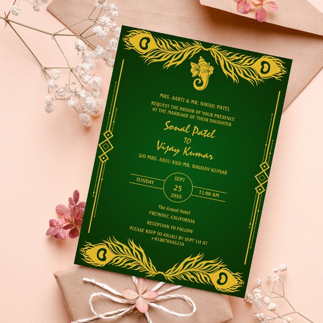 Indian Hindu Wedding Golden Elements Ganesha Logo Invitation (Creator Uploaded)