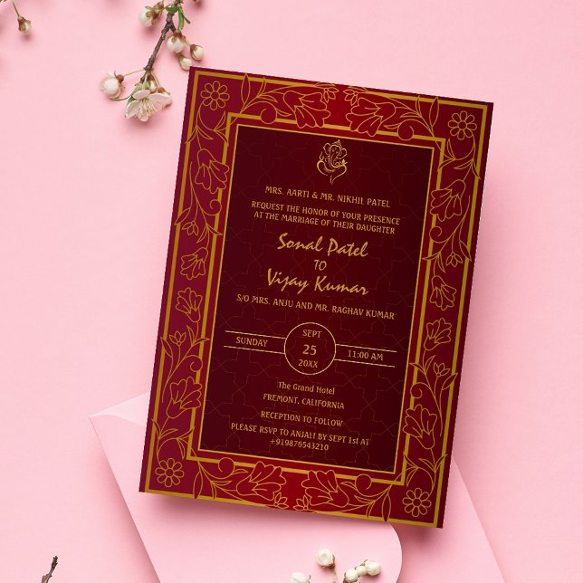 Indian Hindu Wedding Golden Elements Ganesha Logo Invitation (Creator Uploaded)