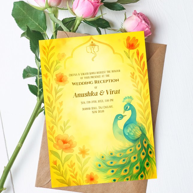 Indian Hindu Wedding Reception Peacock Floral Invitation (Creator Uploaded)