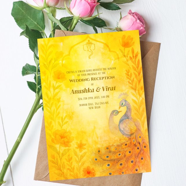 Indian Hindu Wedding Reception Peacock Floral Invitation (Creator Uploaded)
