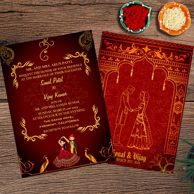 Indian Hindu Wedding Royal Golden Peacock Maroon Invitation (Creator Uploaded)