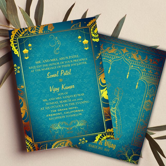 Indian Hindu Wedding with Ganesha Symbol Teal Invitation (Creator Uploaded)