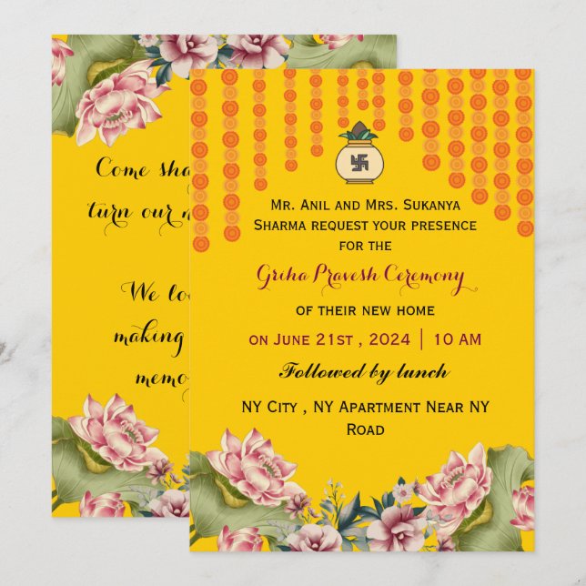 Indian Housewarming Ceremony  Invitation (Front/Back)