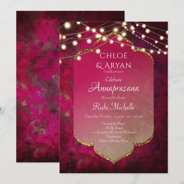Indian Inspired Boho Damask in Deep Pink Invitation (Front/Back)