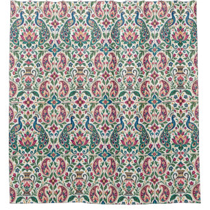 Indian Inspired Peacock Paisley Floral Tile Shower Curtain