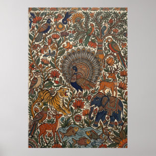 Indian Kalamkari Folk Art Peacock Tiger Elephant C Poster