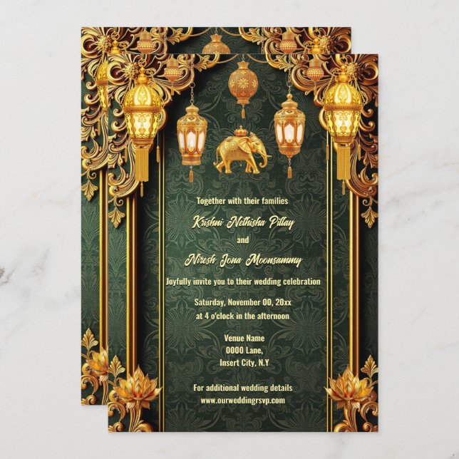 Indian lanterns lotus flower luxurious elephants invitation (Front/Back)