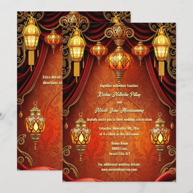 Indian lanterns luxurious orange gold decorative  invitation (Front/Back)