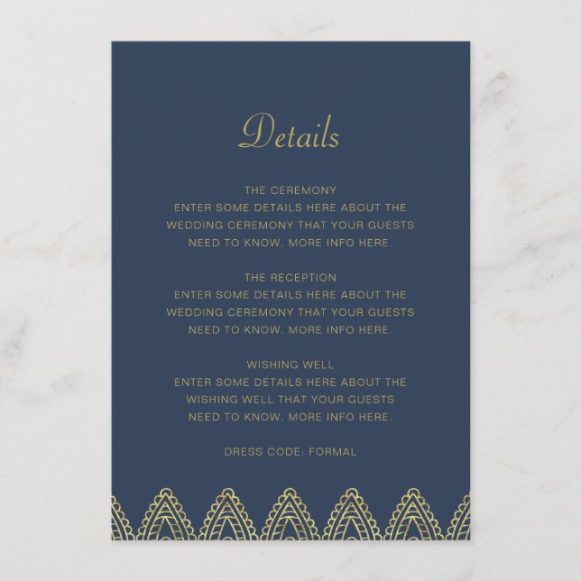 Indian Luxury Blue Gold Mehndi Wedding Details Enclosure Card (Front)