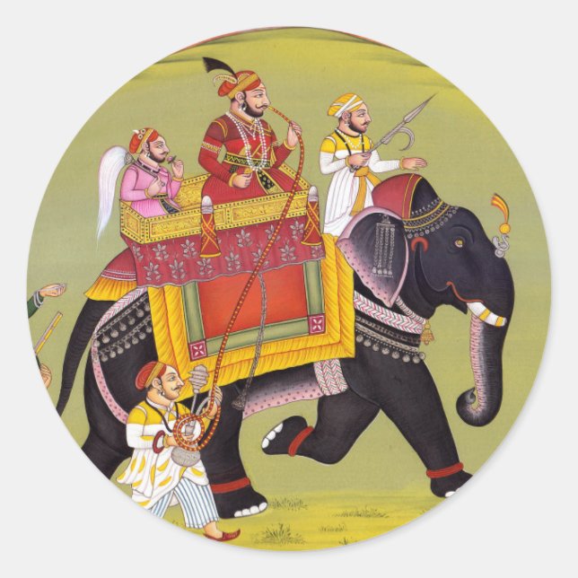 INDIAN MAHARAJA ON ROYAL HUNT RIDING ELEPHANT CLASSIC ROUND STICKER (Front)