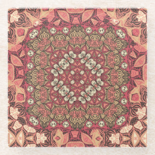 Indian medallion, boho ethnic ornament glass coaster