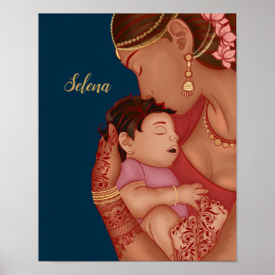 Indian mother holding her baby wearing henna poster