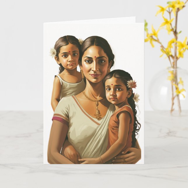 Indian Mother & Twin Daughters, Mothers Day Card (Yellow Flower)