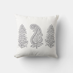 Indian Motif Handblock Print Grey on White Cushion