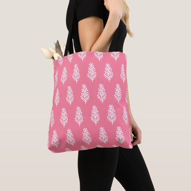 Indian Motif Handblock Print White on Pink Tote Bag (Close Up)