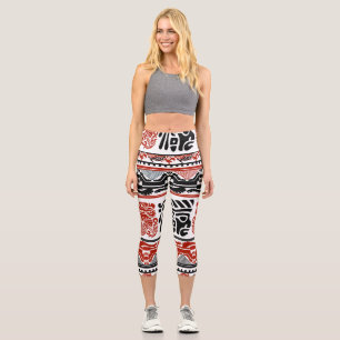 Indian motifs, black red, seamless pattern. capri leggings