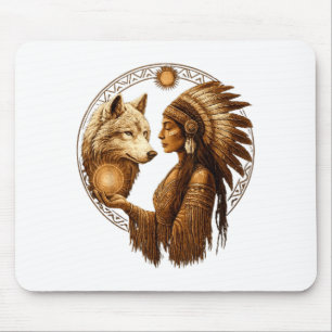 Indian Native American Woman With White Wolf Vinta Mouse Mat