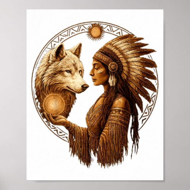 Indian Native American Woman With White Wolf Vinta Poster (Front)