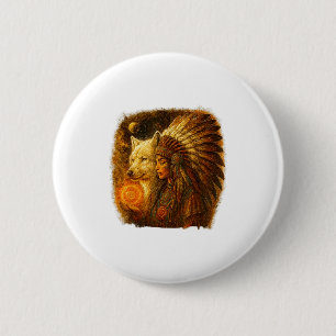 Indian Native American Woman With White Wolf Vitag 6 Cm Round Badge