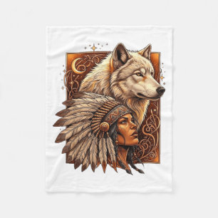Indian Native American Woman With White Wolf Vitag Fleece Blanket
