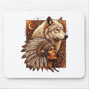 Indian Native American Woman With White Wolf Vitag Mouse Mat