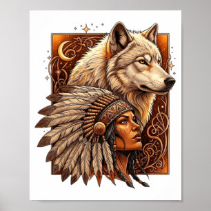 Indian Native American Woman With White Wolf Vitag Poster
