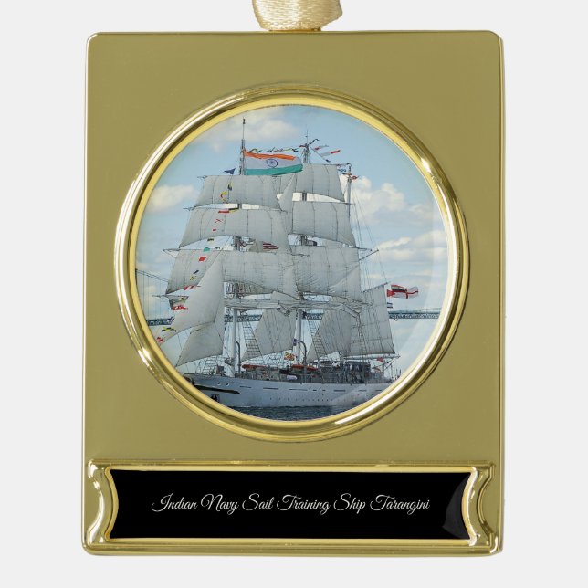 Indian Navy sail training ship Tarangini  Gold Plated Banner Ornament (Front)